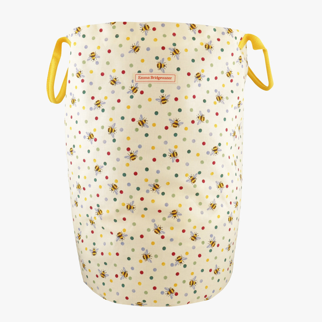 Emma Bridgewater Bumblebee & Small Polka Dot Large Drawstring Laundry Bag - bring joy in doing laundry with this Large Drawstring bag with handles that is made from 100% cotton. Featuring a splash of colourful polka dotted pattern and yellow buzzy bees that will surely brighten your day!